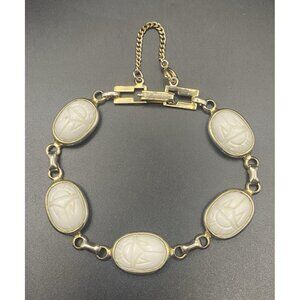 Vintage Egyptian Revival White Glass Scarab Bracelet Gold Tone Safety Chain 7.75
